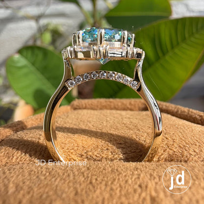 3.0 CT Portuguese Cut Cyan Blue Moissanite Ring, Vintage Style Engagement Ring, Baguette and Round Halo Ring, Wedding Ring, Anniversary Gift