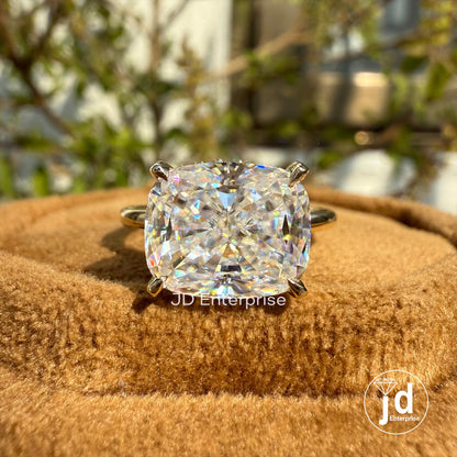 Solitaire Engagement Ring, 4.00 CT Cushion Cut Moissanite East to West Set Hidden Halo Wedding Ring, Anniversary Gifts, 10k Yellow Gold Ring