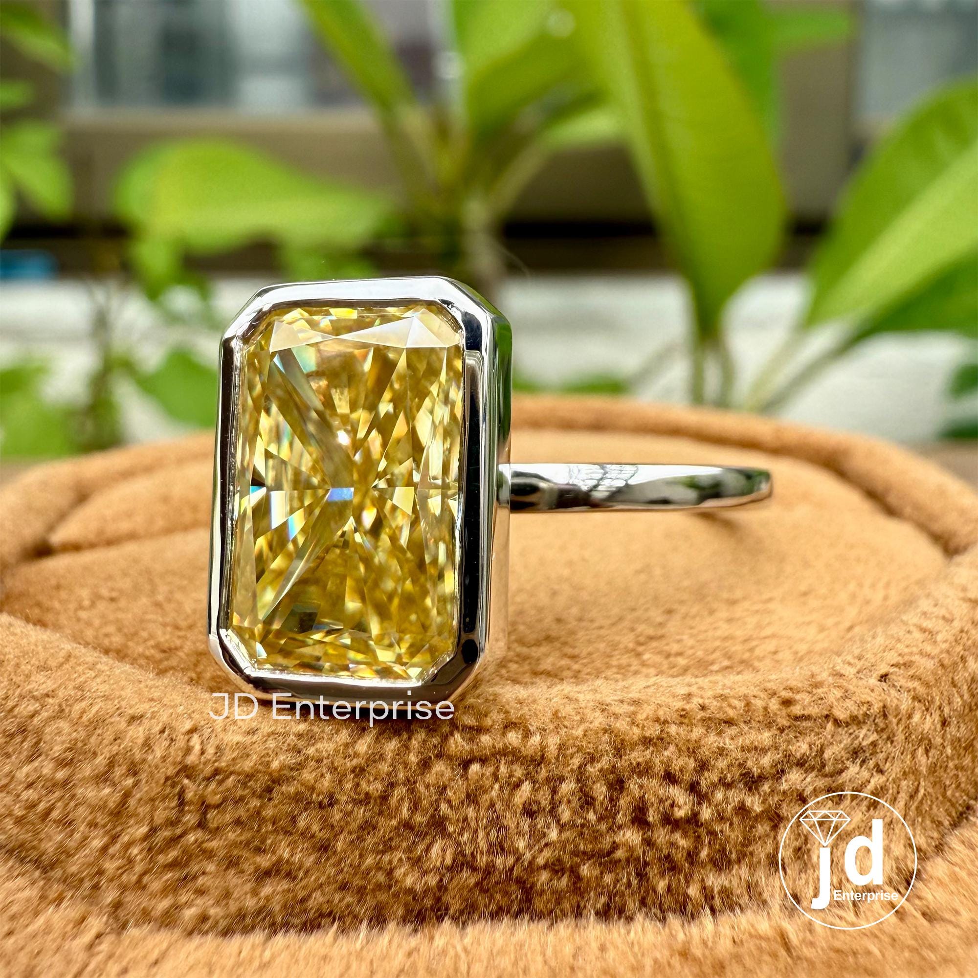 Bezel Set Radiant Cut Canary Yellow Moissanite Engagement Ring, Crushed Ice Radiant Solitaire Bezel Setting Wedding Ring, Anniversary Gifts