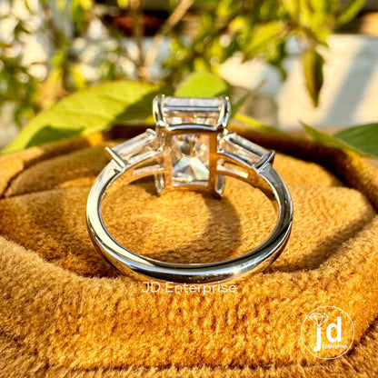 Three Stone Moissanite Wedding Ring, 4.80 TCW Radiant Cut & Tapered Baguette Moissanite Engagement Ring, Anniversary Gift, Bridal Ring