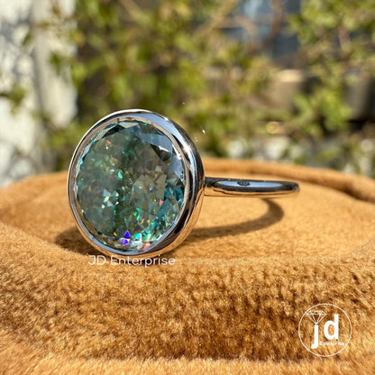 Antique 4.00 CT Portuguese Cut Greenish Blue Moissanite Engagement Ring, Bezel Set Solitaire Wedding Ring for Women, Anniversary Gifts Ring