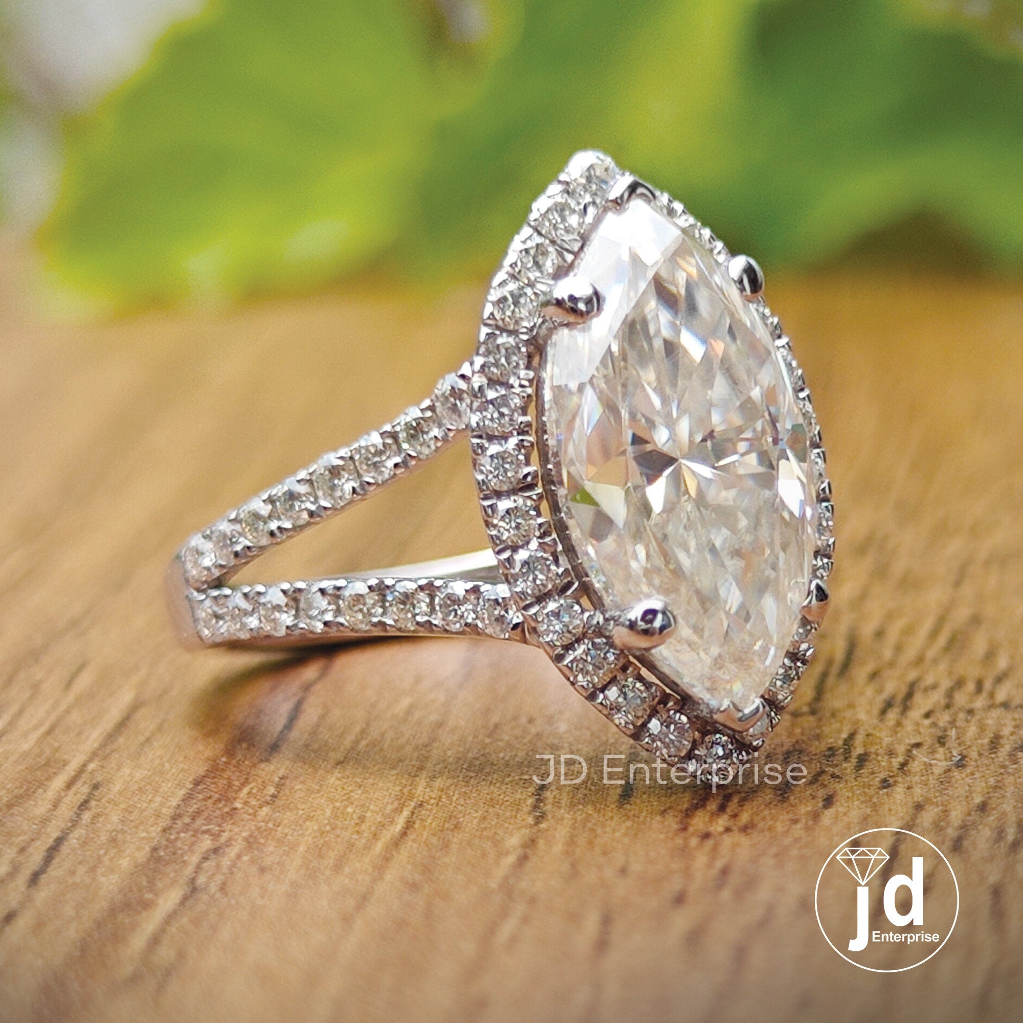 3.50CT Colorless Marquise Cut Engagement Ring, Halo Wedding Ring, Split Shank Ring, Accent Bridal Ring, Anniversary Gifts, Pave Promise Ring