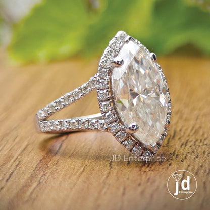 3.50CT Colorless Marquise Cut Engagement Ring, Halo Wedding Ring, Split Shank Ring, Accent Bridal Ring, Anniversary Gifts, Pave Promise Ring