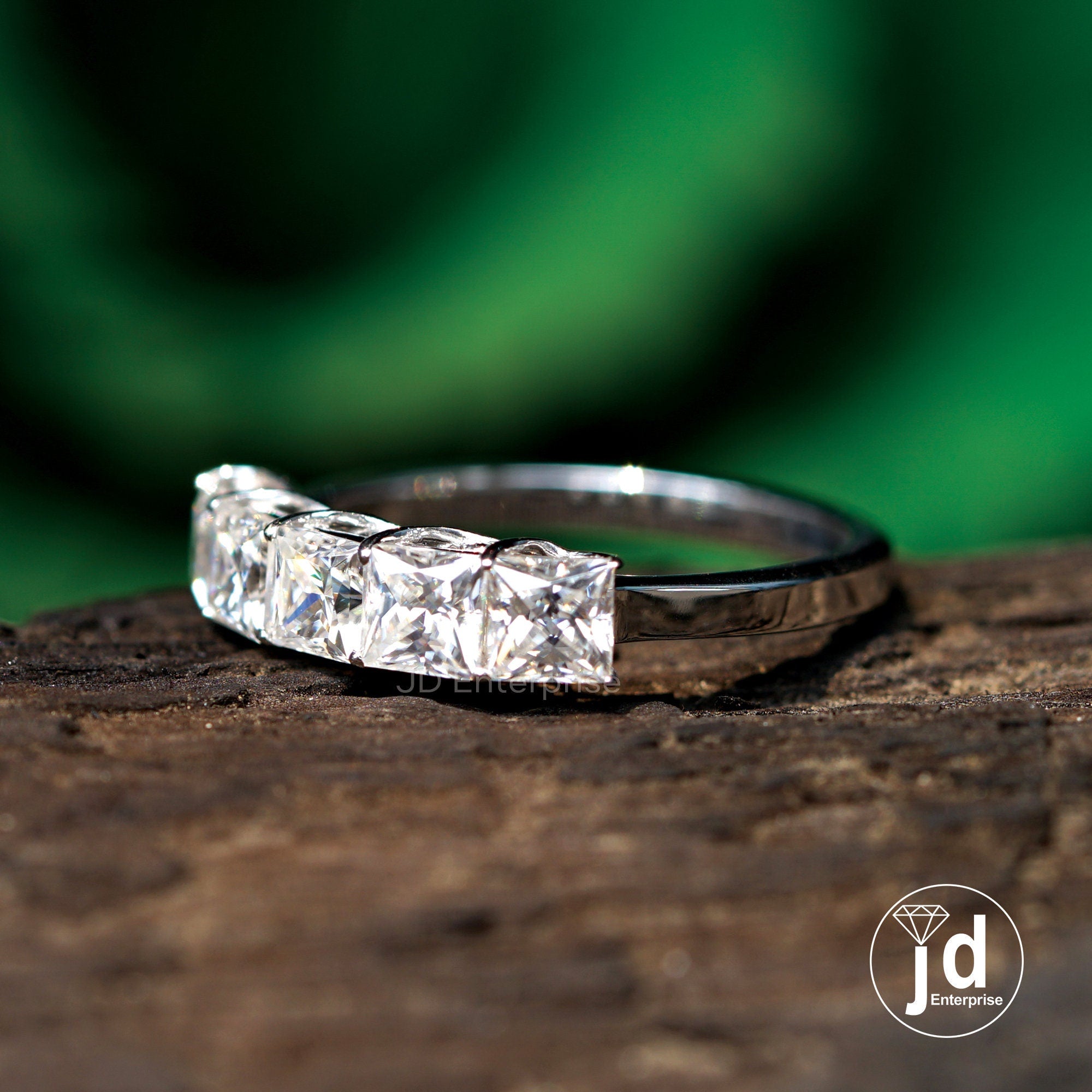 1.27 TCW Colorless Princess Cut Five Stone Engagement Ring, Stacking Wedding Band, Shared Prong Comfort Fit Band, Anniversary Gift Ring