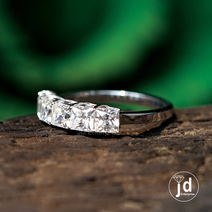 1.27 TCW Colorless Princess Cut Five Stone Engagement Ring, Stacking Wedding Band, Shared Prong Comfort Fit Band, Anniversary Gift Ring