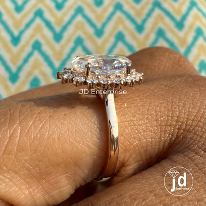 Vintage-Inspired Oval Cut Moissanite Engagement Ring with Floral Sunburst Halo Design in Rose Gold, Perfect Promise/Anniversary/Wedding Gift