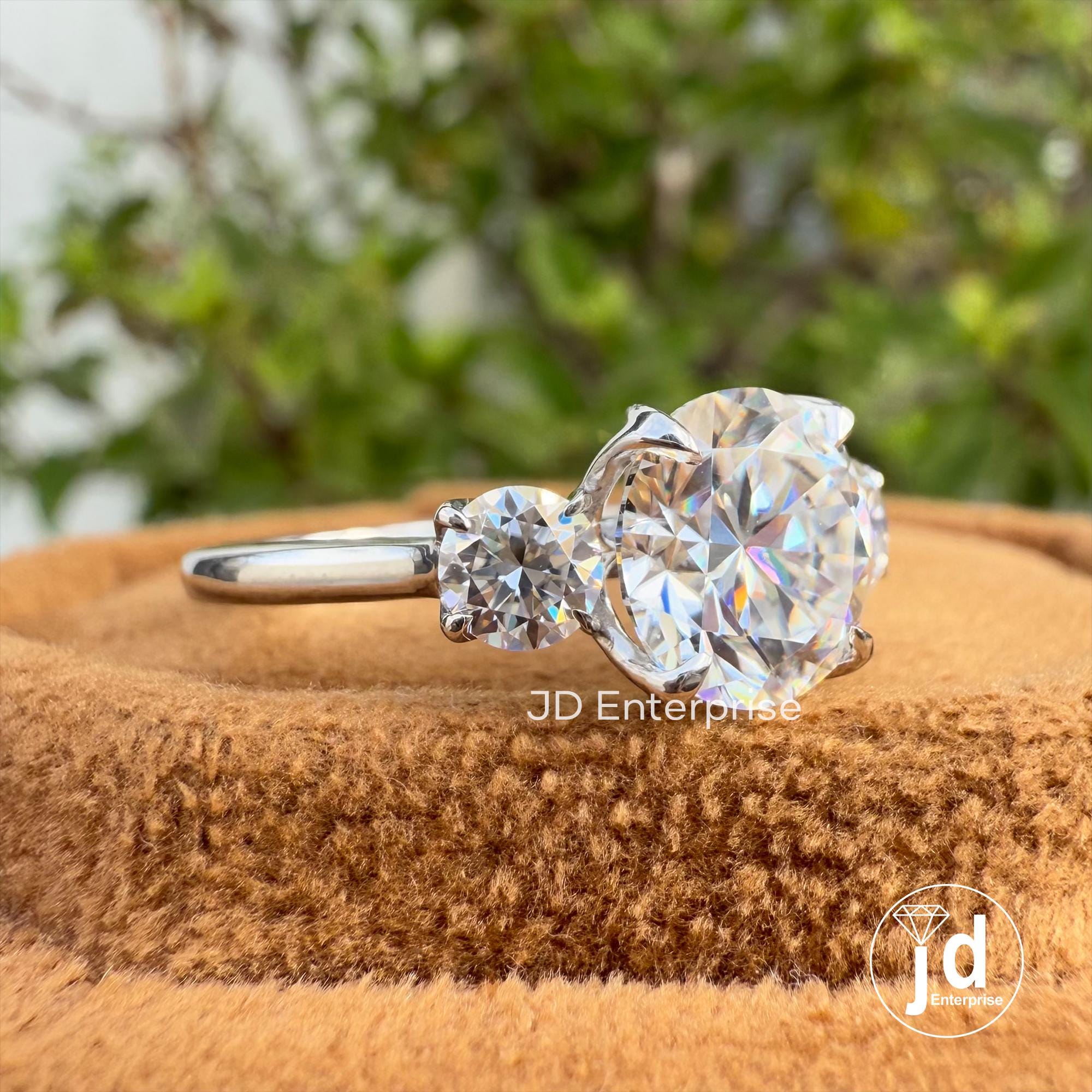 2.36 TW Round Brilliant Colorless Moissanite Ring, Three Stone Engagement Ring, Trellis Setting Wedding Ring, Proposal Ring, Promise Ring