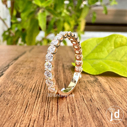 2.50 MM Round Moissanite Dainty Wedding Band, Moissanite Half Eternity Shared Prong Matching Engagement Bands, 10k Yellow Gold Bridal Band