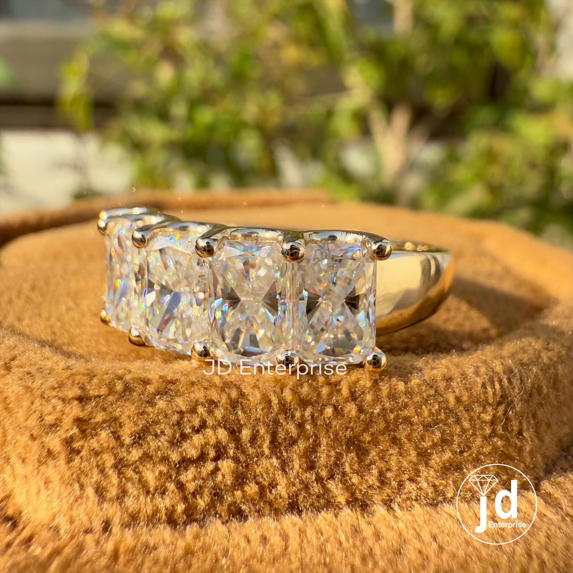 Radiant Cut Five Stone Ring, Moissanite Wedding Band, Unique Half Eternity Stacking Band, Thick Bands, Anniversary Gifts Ring for Women