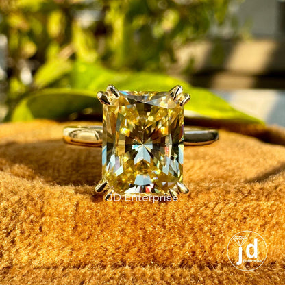 2.60 CT Radiant Crushed Ice Canary Yellow Moissanite Ring, Solitaire Engagement Ring, Yellow Gold Wedding Ring for Women, Double Claw Prongs