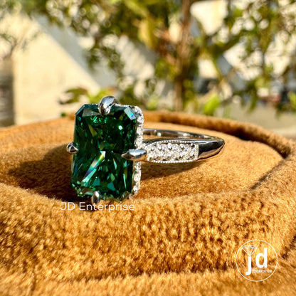 2.25 CT Green Radiant Moissanite Engagement Ring, Hidden Halo Wedding Ring, Compass Set Prongs Milgrain Ring, With Accent Stone Bridal Ring