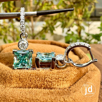 4.57 TCW Princess Cut Bluegreen Moissanite Earrings, Dangle Drop Wedding Earrings, Bridal Earrings, Engagement Earrings, Anniversary Gift