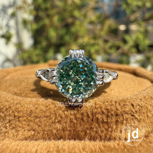 Vintage 2.00 CT Portuguese Cut Bluegreen Moissanite Engagement Ring, Fish Tail Prong Wedding Ring, Milgrain Anniversary Ring, Promise Ring
