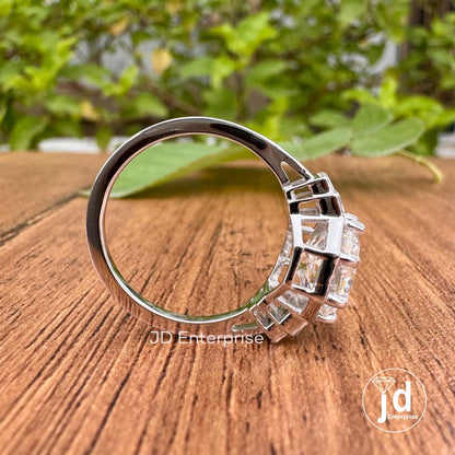 Vintage Style Five Stone Engagement Ring, 3CT Portuguese Cut Moissanite Ring, Side Stone Baguette Wedding Ring, Eight Prong Anniversary Ring