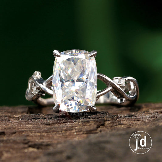2.50 CT Colorless Cushion Moissanite Engagement Ring, Nature Inspired Twisted Band Wedding Ring, Art Deco White Gold Ring, Anniversary Gifts