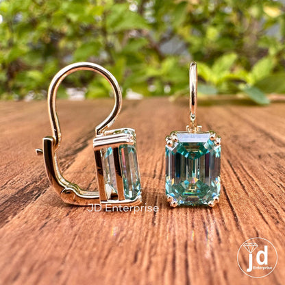 4.70 TCW Bluegreen Emerald Cut Moissanite Earrings, Moissanite Wedding Earrings, Emerald Cut Dangle Earrings, 10kt Yellow Gold Earrings
