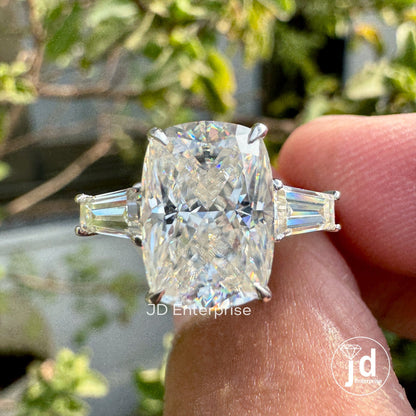 3.20 TW Elongated Cushion Moissanite Ring, Three Stone Engagement Ring, Side Tapered Baguettes Wedding Ring, Pave Set Propose Ring for Women