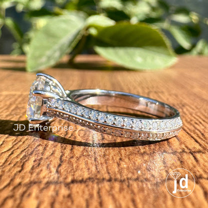 Stunning 2.00 CT Round Moissanite Engagement Ring, Wedding Ring for Women, Six Prong Knife Edge Shank, Two Row Pave Set Ring, Promise Ring