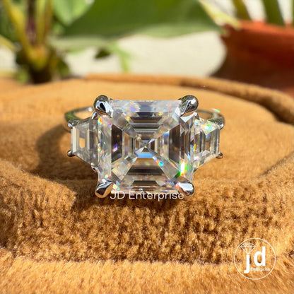 3.00 CT Asscher Cut Colorless Moissanite Engagement Ring, Perfect Anniversary Gift, Side Trapezoid Moissanite Wedding Ring, Bridal Set Ring
