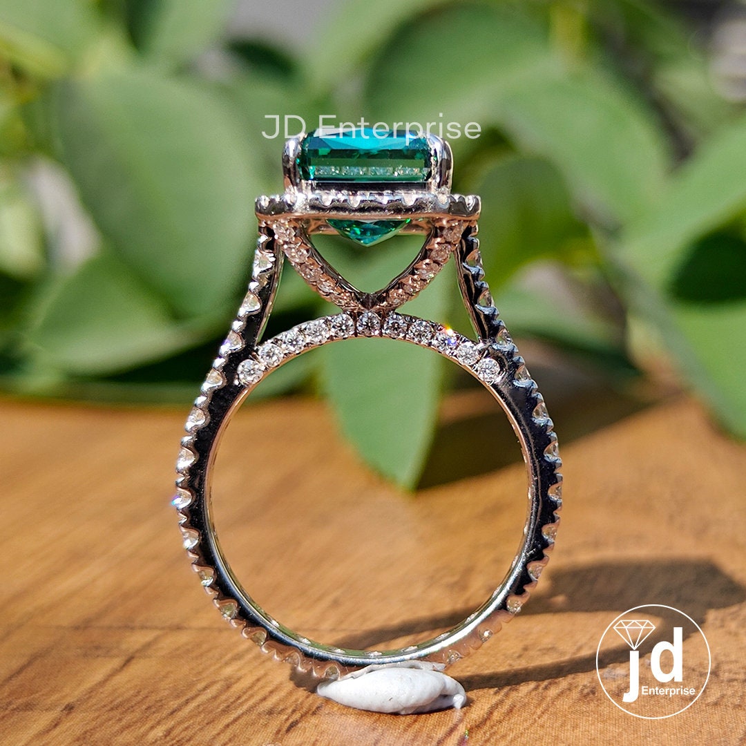 5.00 CT Criss Cut Green Moissanite Engagement Ring, Bridge Petite Pave Halo Wedding Ring, Full Eternity Band, Bridal Ring, Anniversary Ring