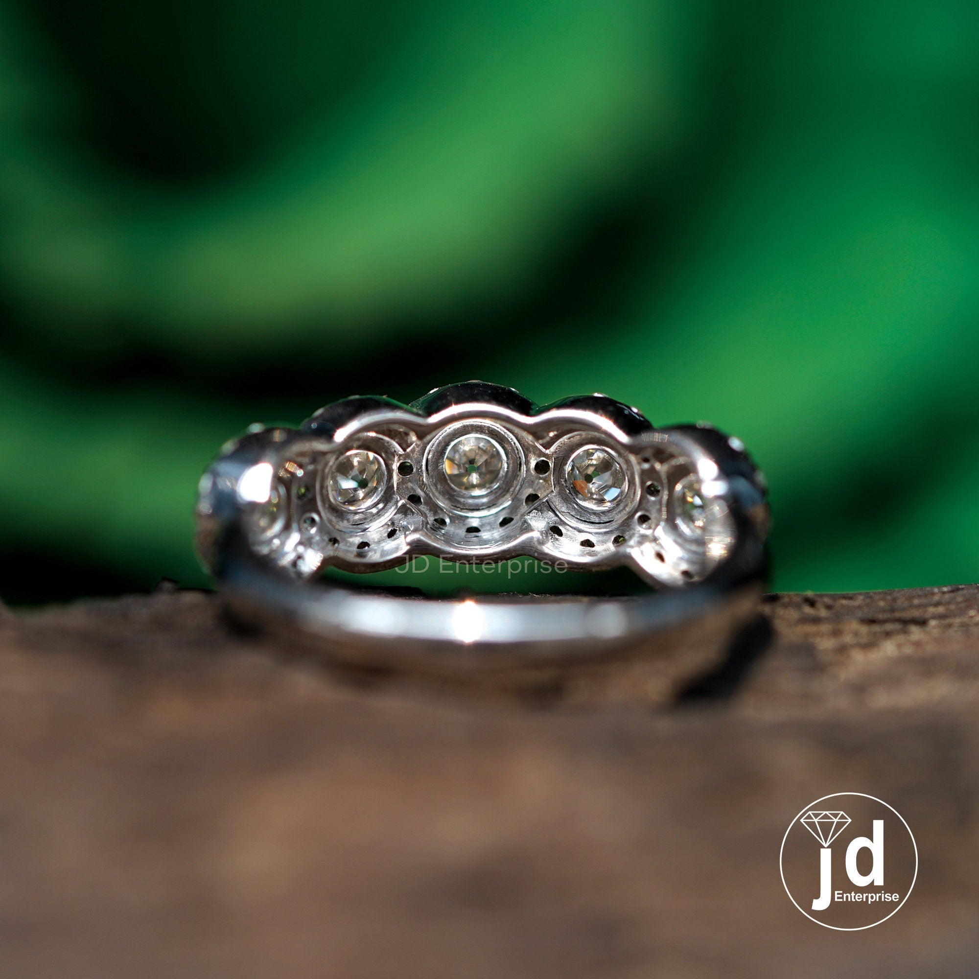 Five Stone Moissanite Wedding Band, 3 MM Round Old European Cut Engagement Ring, Halo Ring, Basket Set Ring, Vintage Moissanite Band