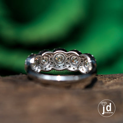 Five Stone Moissanite Wedding Band, 3 MM Round Old European Cut Engagement Ring, Halo Ring, Basket Set Ring, Vintage Moissanite Band