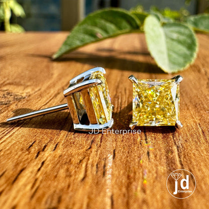 4.00 TCW Princess Cut Canary Yellow Moissanite Earrings, Anniversary Stud Earrings for Women, Push/Screw Back Princess Wedding Stud Earrings