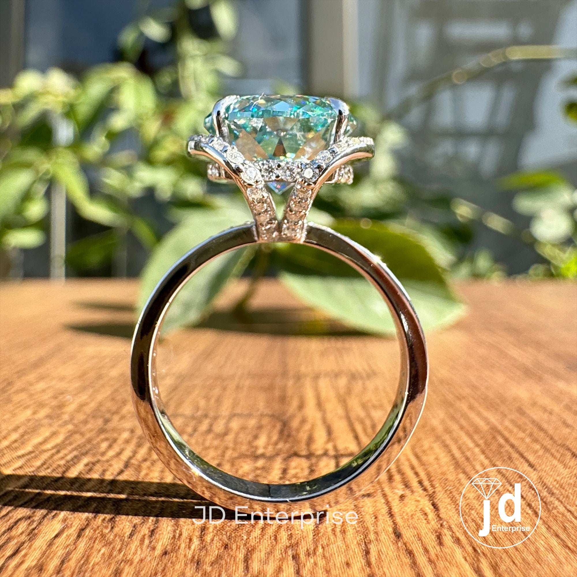 Gorgeous 4.20 CT Cyan Blue Portuguese Cut Moissanite Half Halo Engagement Ring, Hidden Halo Wedding Ring, Bridal Set Ring, Anniversary Ring