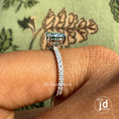 Cushion Moissanite Wedding Ring, 1.50 CT Blue Green Moissanite Bridal Ring, Accent Set Engagement Ring, 10K White Gold Anniversary Gift Ring