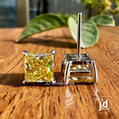 4.00 TCW Princess Cut Canary Yellow Moissanite Earrings, Anniversary Stud Earrings for Women, Push/Screw Back Princess Wedding Stud Earrings