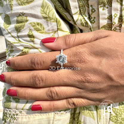 2.78 TW Hexagon Step Cut Grey Moissanite Engagement Ring, Flower Style Halo Wedding Ring, Pave Set Anniversary Ring, Bridal Set Ring