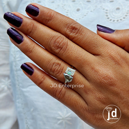 Colorless & Light Grey Moissanite Toi Et Moi Ring, Emerald and Pear Cut Two Stone Ring, White Gold Wedding Ring, Anniversary Gift, Bridal