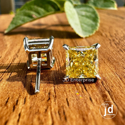 4.00 TCW Princess Cut Canary Yellow Moissanite Earrings, Anniversary Stud Earrings for Women, Push/Screw Back Princess Wedding Stud Earrings