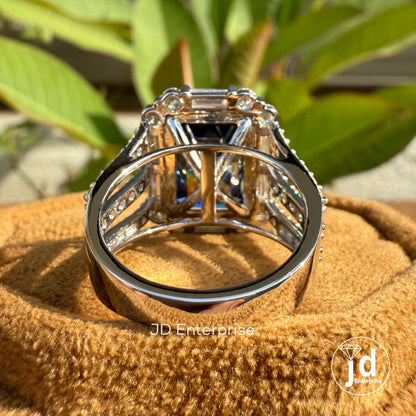 Large 6.70 CT Emerald Cut Royal Blue Moissanite Engagement Ring, Pave Split Shank Wedding Ring, Baguette & Round Halo Ring, Anniversary Gift