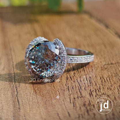 4.40 CT Grey Portuguese Cut Moissanite Engagement Ring, Half Halo Wedding Ring, Vintage Style Hidden Halo Bridal Ring, Anniversary Gift