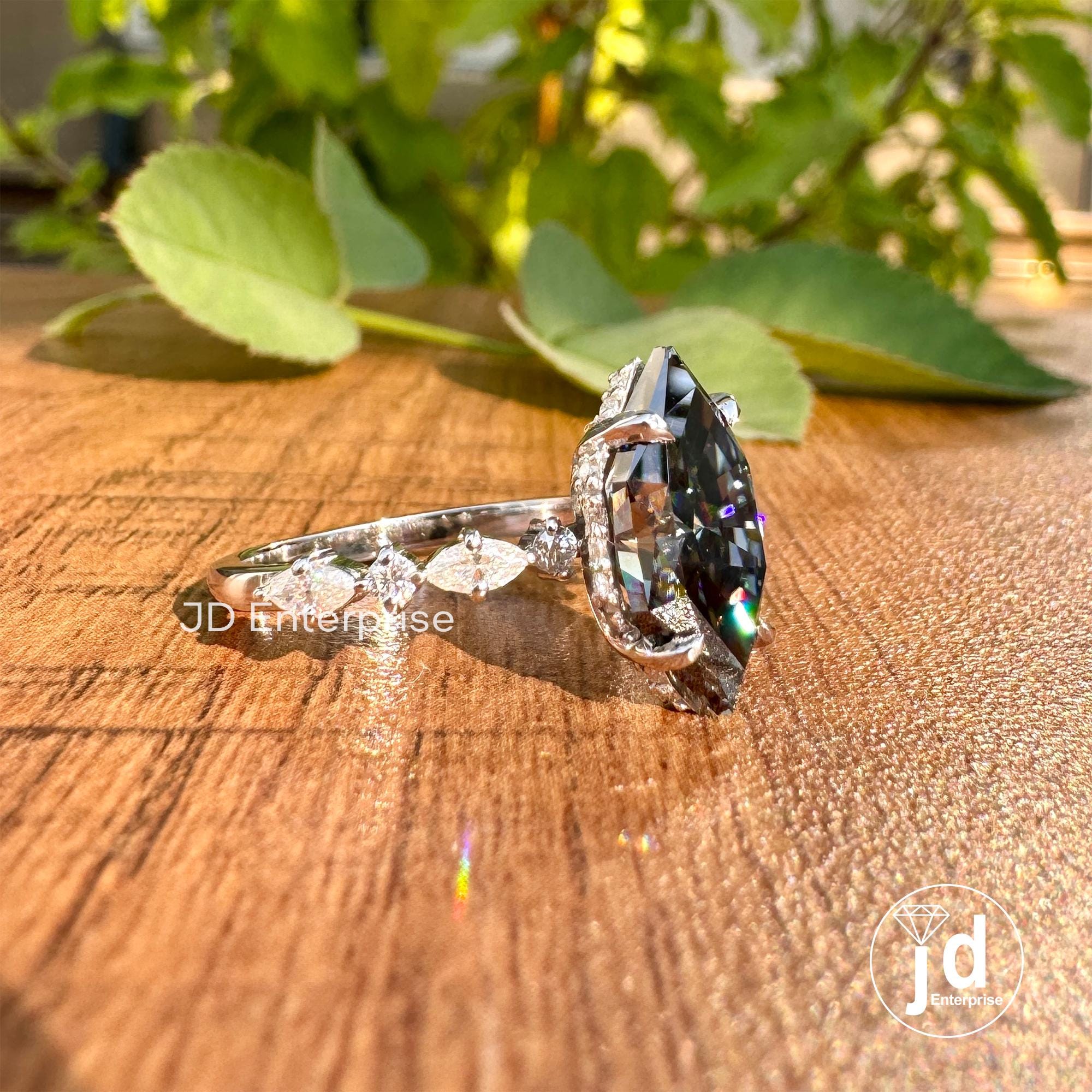 Dutch Marquise Cut Dark Grey Moissanite Engagement Ring, 3.00CT Moissanite Hidden Halo Wedding Ring for Women, Claw Prongs, Comfort Fit Ring