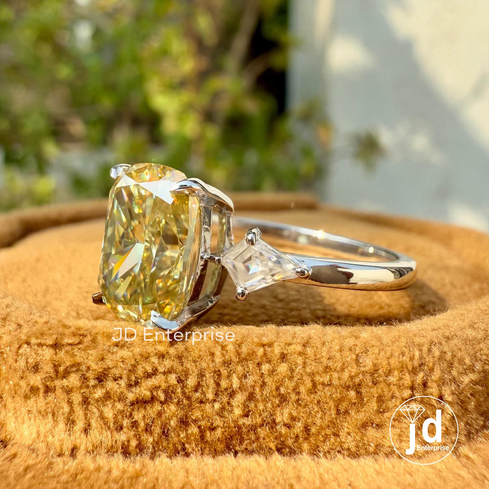 2.50 CT Cushion Canary Yellow Moissanite Ring, Three Stone Engagement Ring, Side Kite Cut, Wedding Ring, Propose Ring, Anniversary Gift