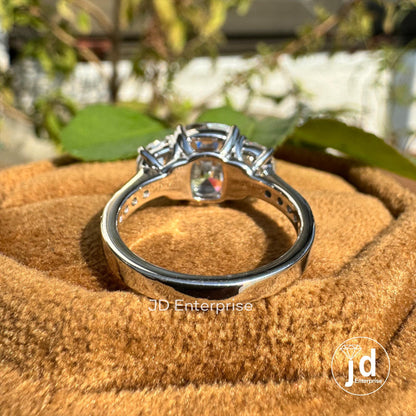 Old Mine Cushion Moissanite Ring, 3.50 TCW Moissanite Engagement Ring, Three Stone Wedding Ring, Halfmoon with Accent Stone, Bridal Ring