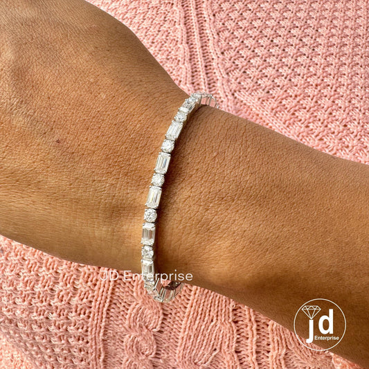 Moissanite Tennis Bracelet, East to West Set Emerald & Round Cut Wedding Bracelet, Box Lock Set, Engagement Bracelet for Women, Bridal Set
