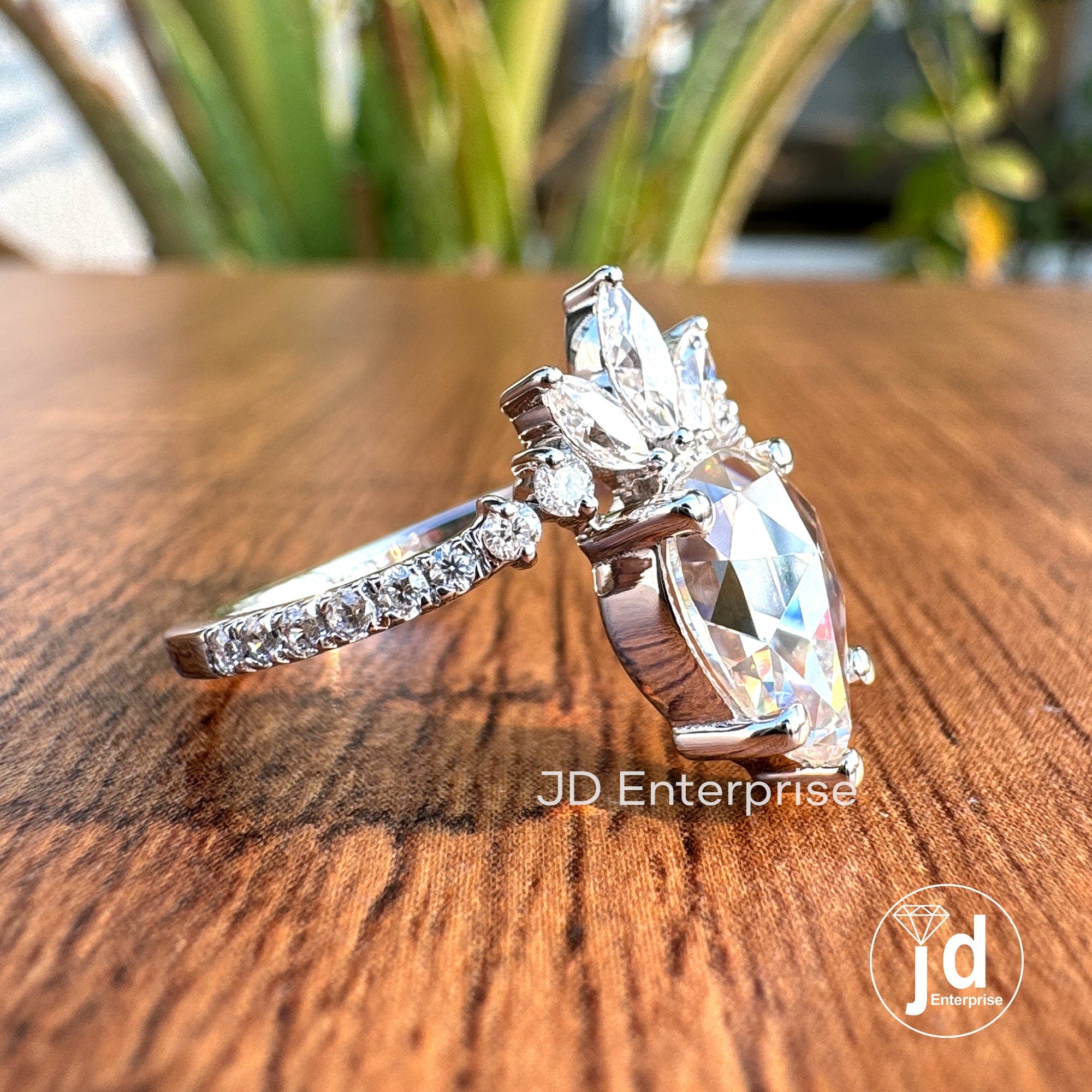 1.50 CT Colorless Rose Cut Pear Moissanite Vintage Ring, With Marquise Cut Curved Band, Solitaire Pear Wedding Ring, Solid Gold Bridal Ring
