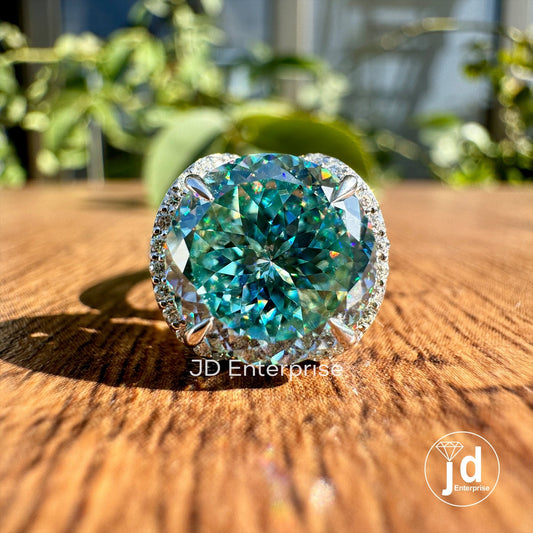 Gorgeous 4.20 CT Cyan Blue Portuguese Cut Moissanite Half Halo Engagement Ring, Hidden Halo Wedding Ring, Bridal Set Ring, Anniversary Ring