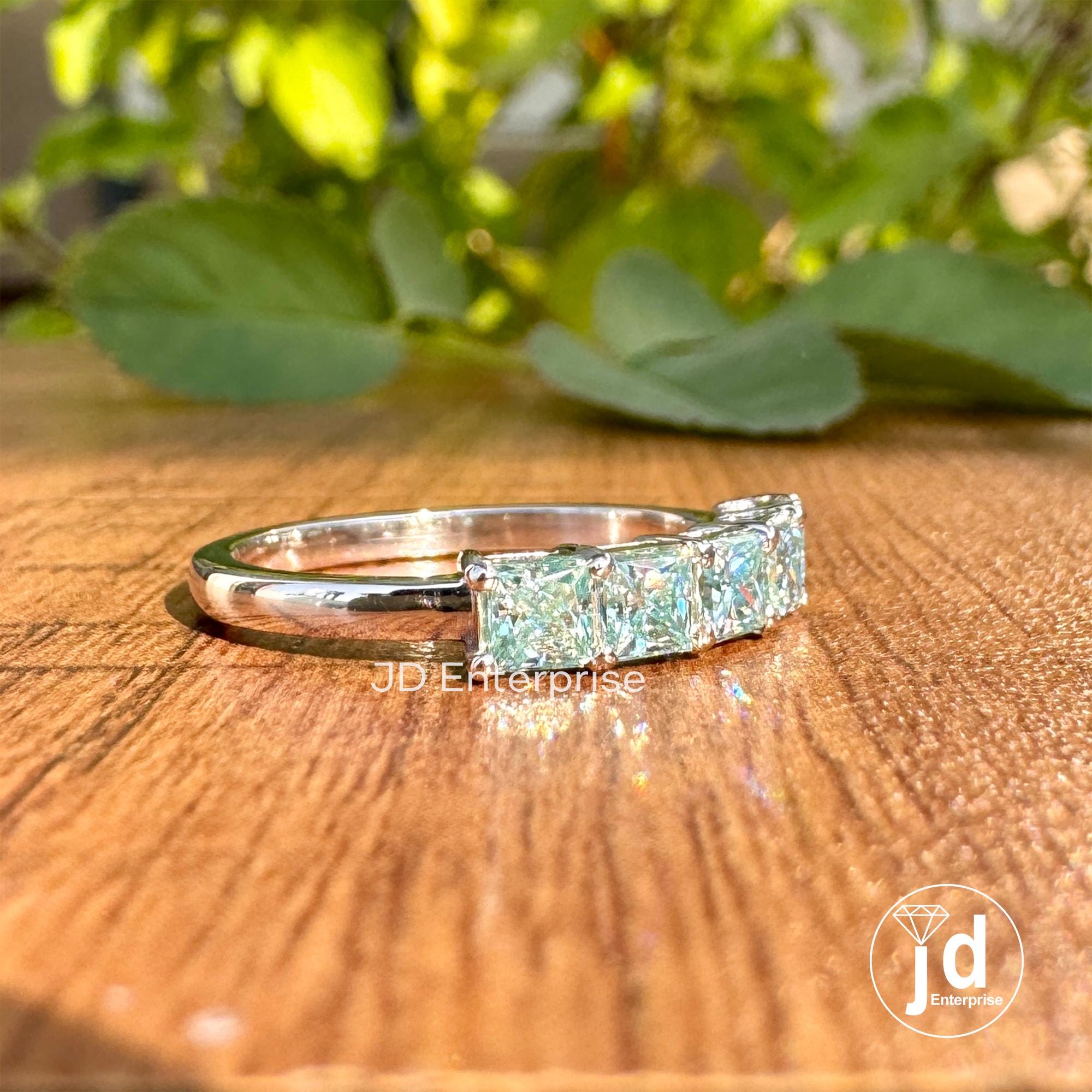 3.00 MM Princess Cut Cyan Blue Moissanite Five Stone Band, Matching Wedding Band, Comfort Fit Stackable Band, Shared Prong Anniversary Gift
