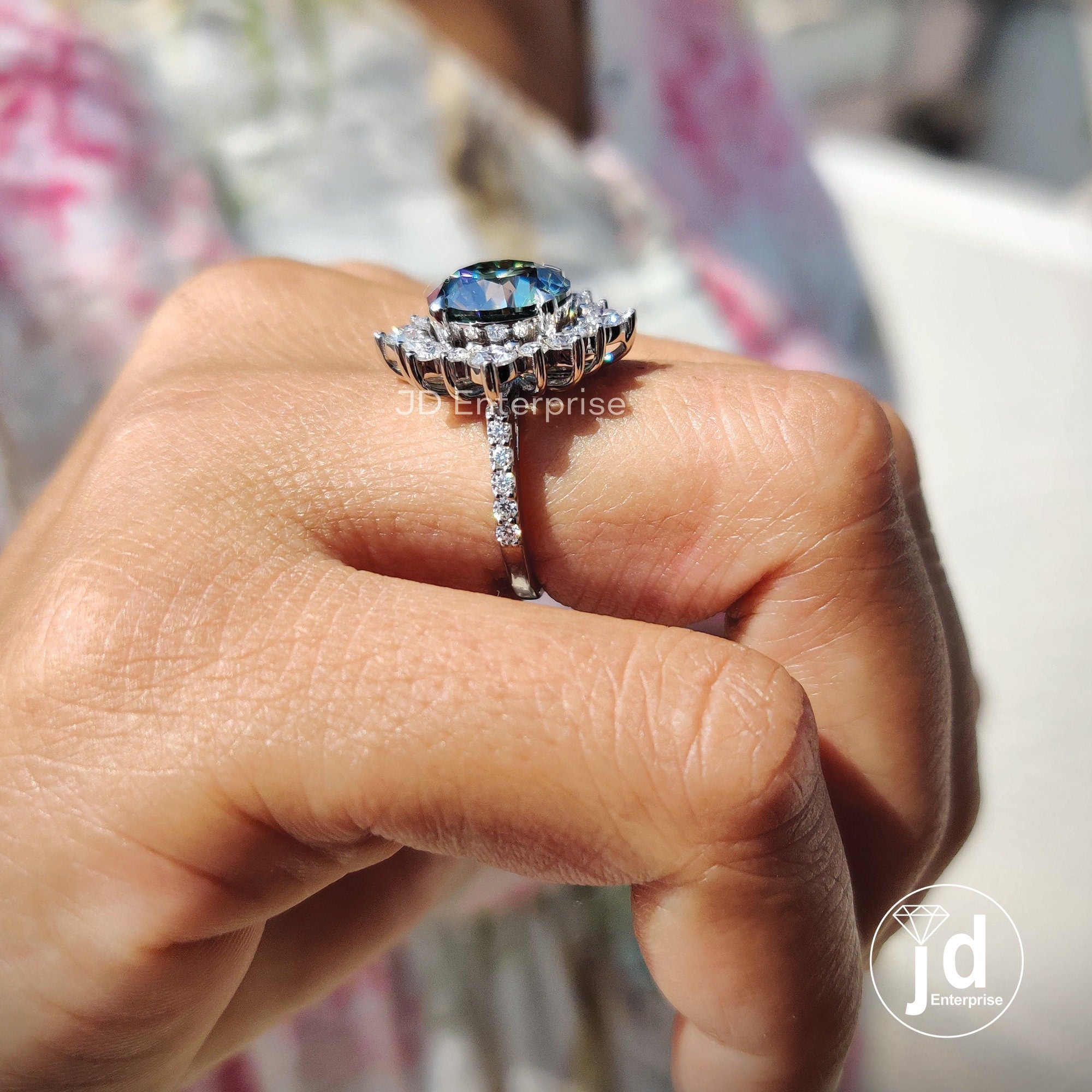 3.60 CT Round Cut Bluegreen Moissanite Engagement Ring, Vintage Halo Anniversary Ring, Pave Set Wedding Rings for Women, Bridal Ring Set
