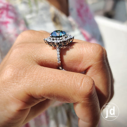 3.60 CT Round Cut Bluegreen Moissanite Engagement Ring, Vintage Halo Anniversary Ring, Pave Set Wedding Rings for Women, Bridal Ring Set