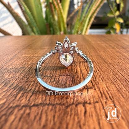 1.50 CT Colorless Rose Cut Pear Moissanite Vintage Ring, With Marquise Cut Curved Band, Solitaire Pear Wedding Ring, Solid Gold Bridal Ring