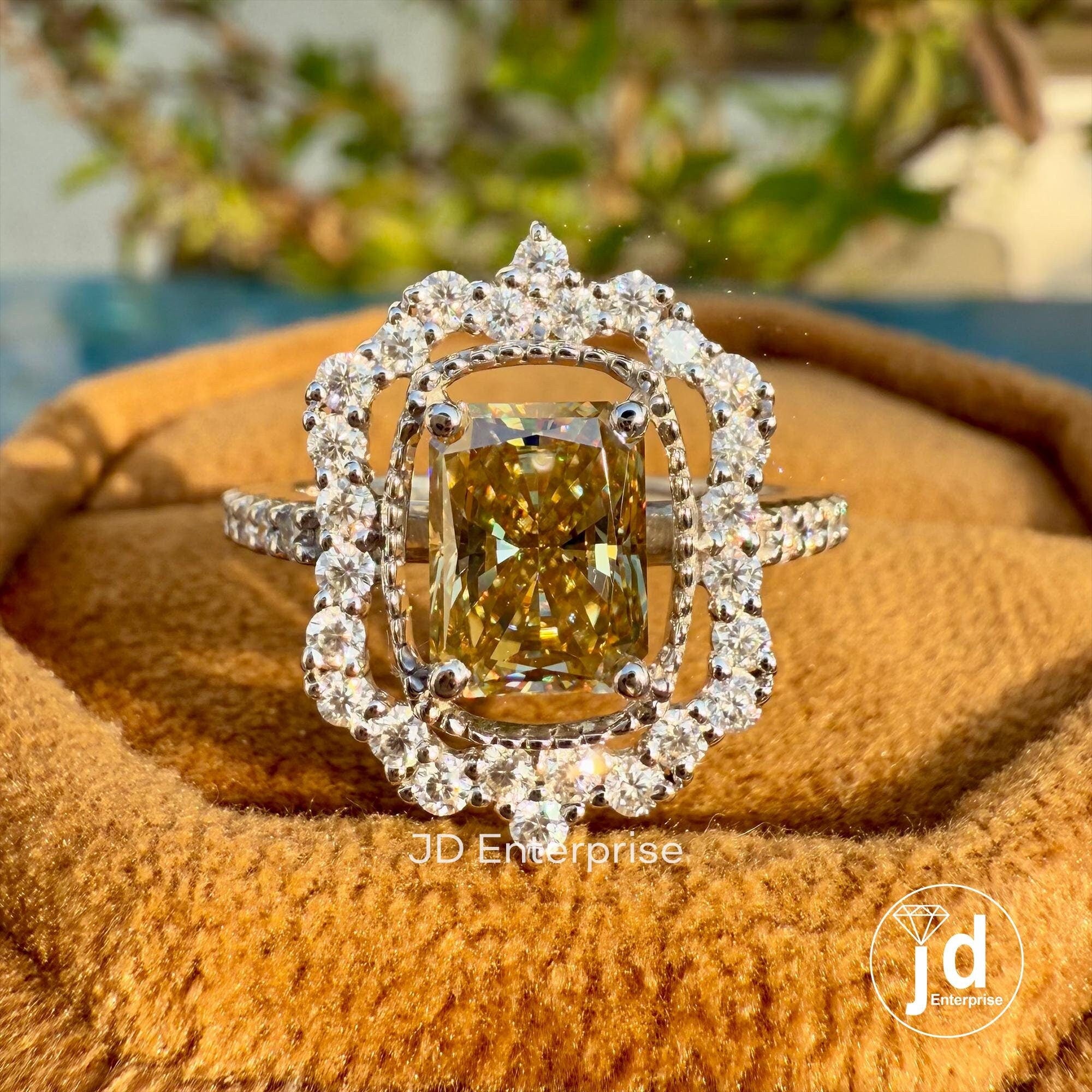 1.50 CT Radiant Cut Canary Yellow Moissanite Engagement Ring, Flower Style Halo Wedding Ring, Milgrain Ring, Art Deco Accent Bridal Ring Set