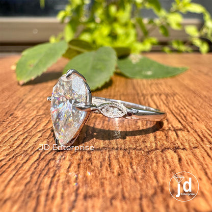 2.75 TCW Antique Colorless Pear Cut Moissanite Engagement Ring, Compass set Prong Wedding Ring, Vintage Style Handcrafted Anniversary Ring