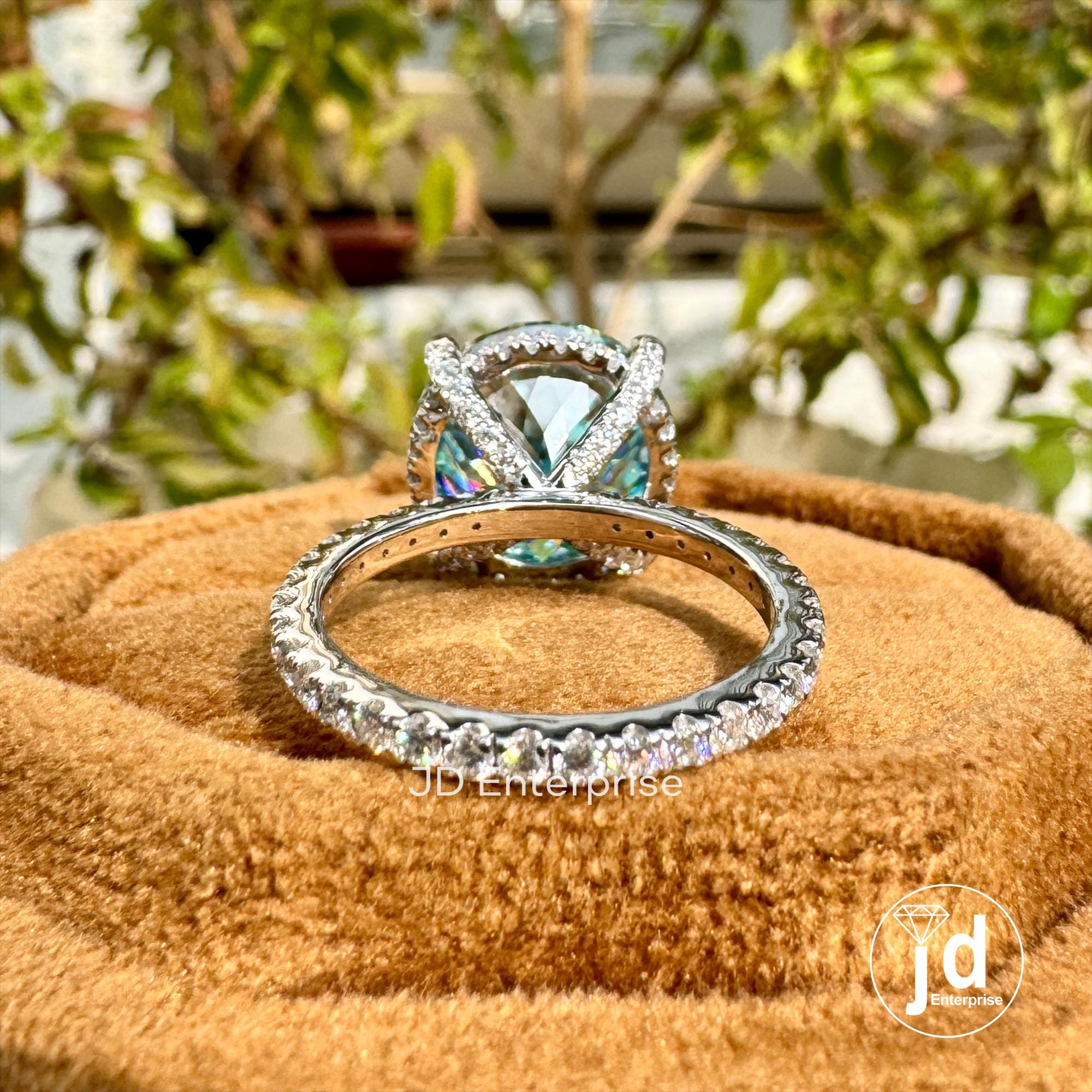 7.50 CT Sparkling Portuguese Cut Cyan Blue Moissanite Engagement Ring, Hidden Halo Ring, Eternity Pave Wedding Ring, Anniversary Gift Ring
