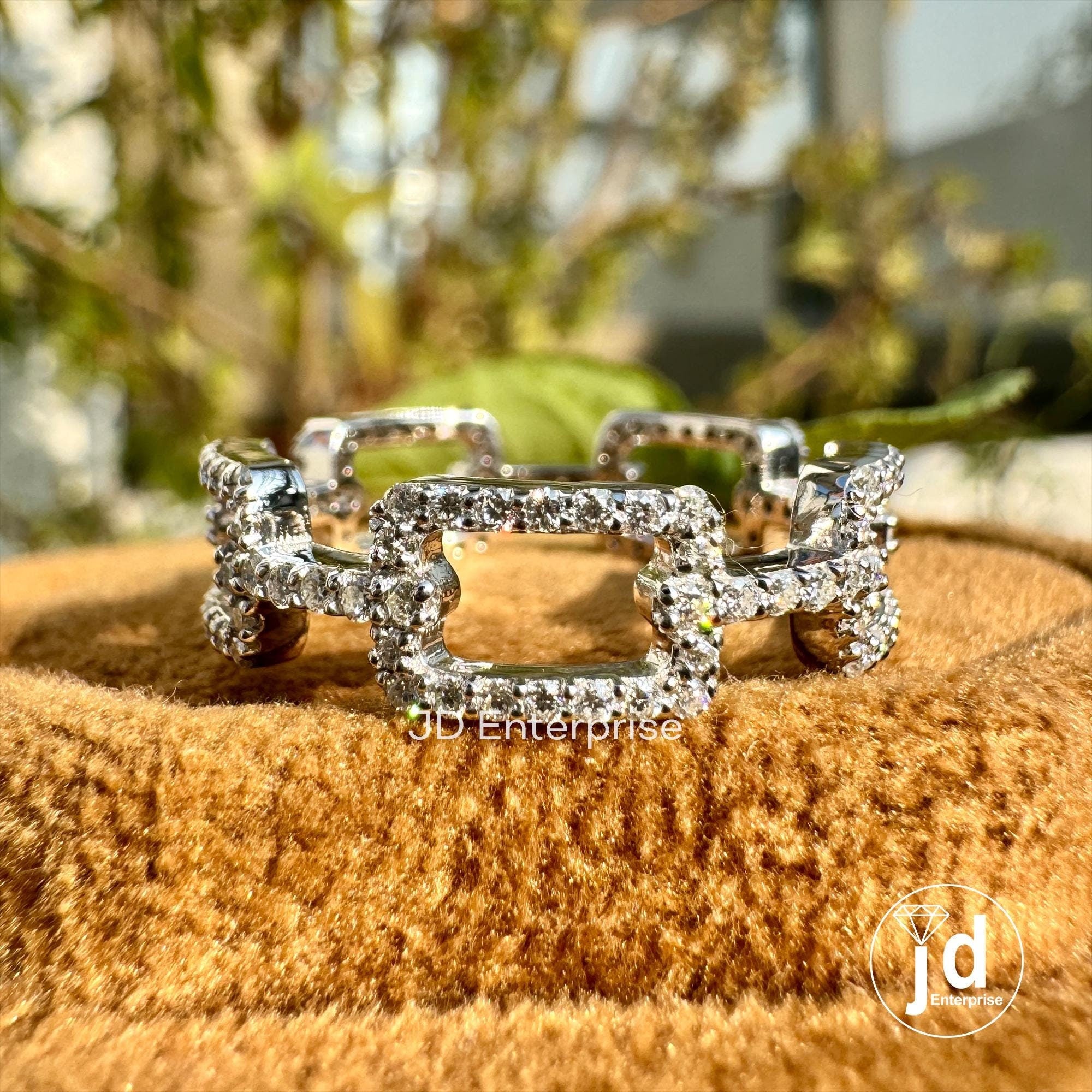 Micro Pave Chain Link Band, 0.63 TW Round Moissanite Rectangular Chain Full Eternity Wedding Band, Bridal Set, Stackable Engagement Band
