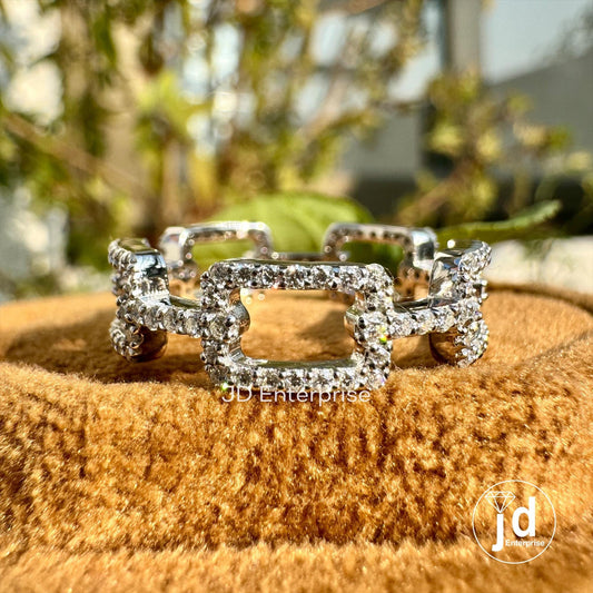 Micro Pave Chain Link Band, 0.63 TW Round Moissanite Rectangular Chain Full Eternity Wedding Band, Bridal Set, Stackable Engagement Band